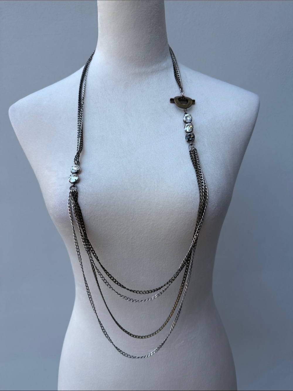Layered Silver and Gold Tone Multi-Chain Necklace & or Belt with Crystal Accents